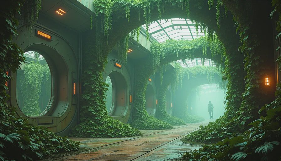 Lush green bio-dome research sector in Metroid Fusion with overgrown alien plants and metallic arches.webp