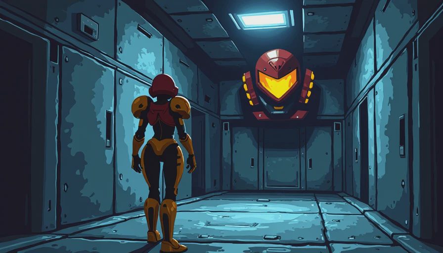 Samus Aran in Fusion Suit standing in a dark metallic space station corridor with SA-X shadow.webp