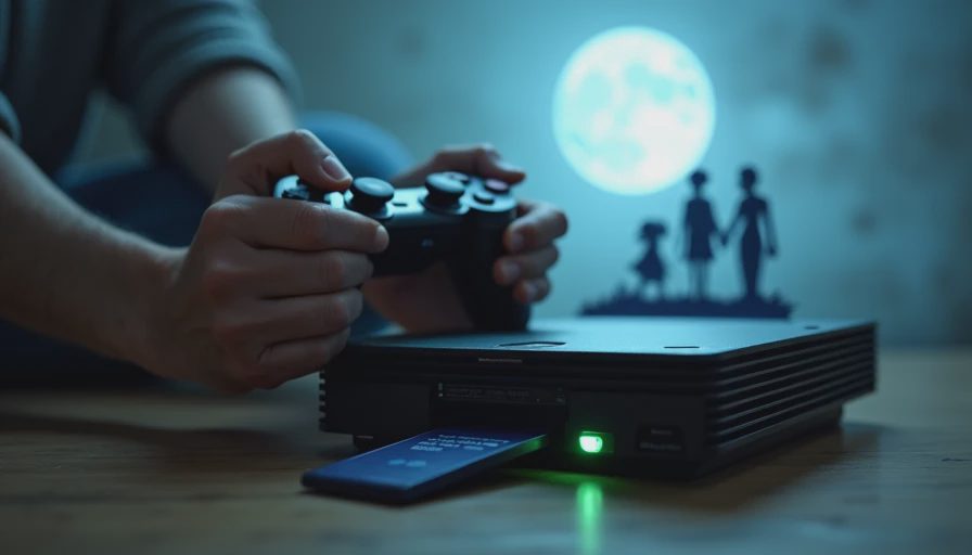 Gamer hands holding PS2 controller with retro console and silhouette of Kingdom Hearts characters in background.webp