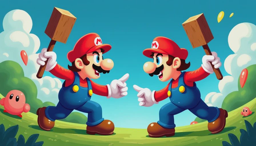 16-bit pixel art of Mario and Luigi battling a bean enemy with wooden hammers in Superstar Saga.webp