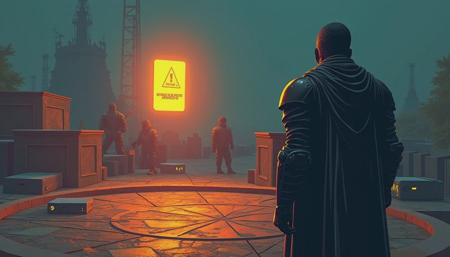 Tactical RPG grid map with a glowing yellow warning card representing the Law system mechanic.webp