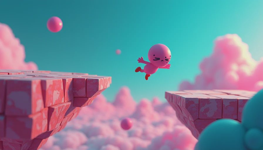 3D platformer character jumping mid-air between floating stone islands in low-poly retro game.webp