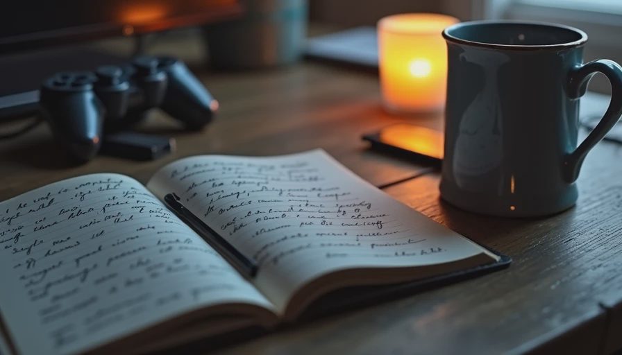 Open handwritten notebook next to a glowing PS2 memory card on a dark wooden table.webp