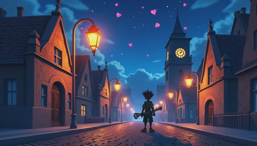 Traverse Town cobble street illuminated by warm streetlamps under a starry night sky in Kingdom Hearts.webp