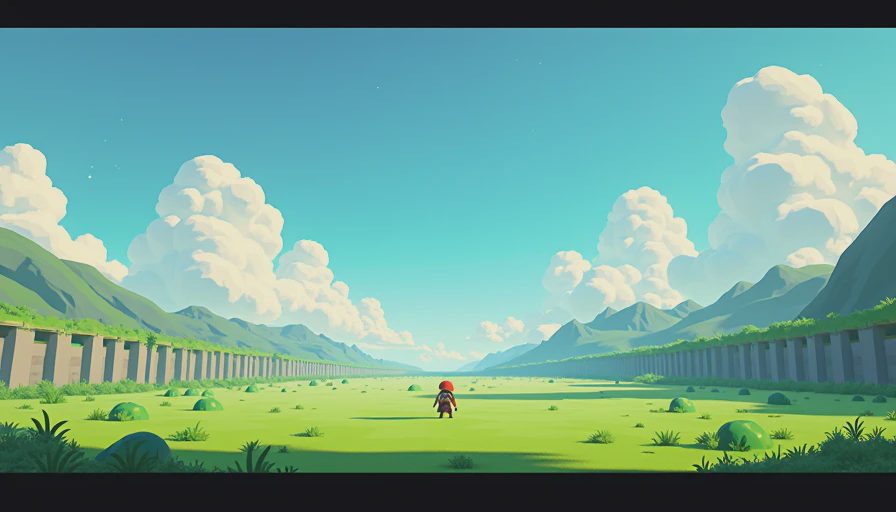 Tiny 3D platformer hero standing in a vast empty low-poly green field with mountains and blue sky.webp