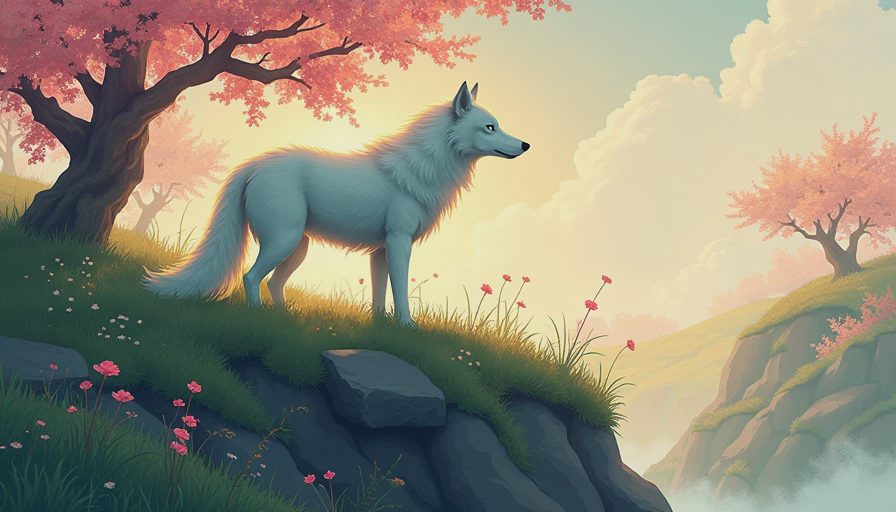 White wolf character Amaterasu leaving cherry blossoms on a grassy hill in Okami sumi-e artwork.webp