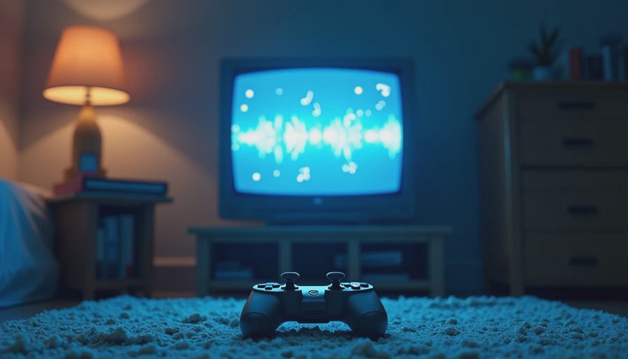 [Retro game controller on a wooden TV stand in front of a blue CRT television screen showing a title menu.webp