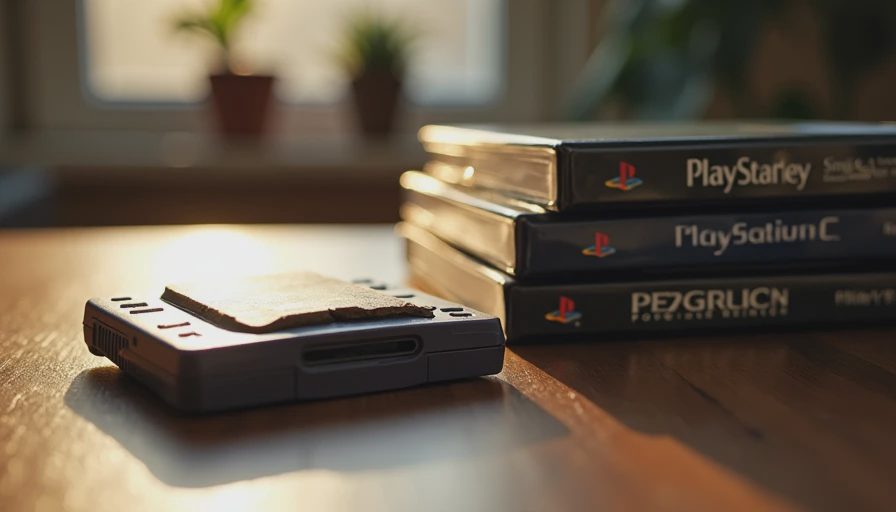 Game Boy Advance console and stacked retro PlayStation game cases on a wooden desk.webp