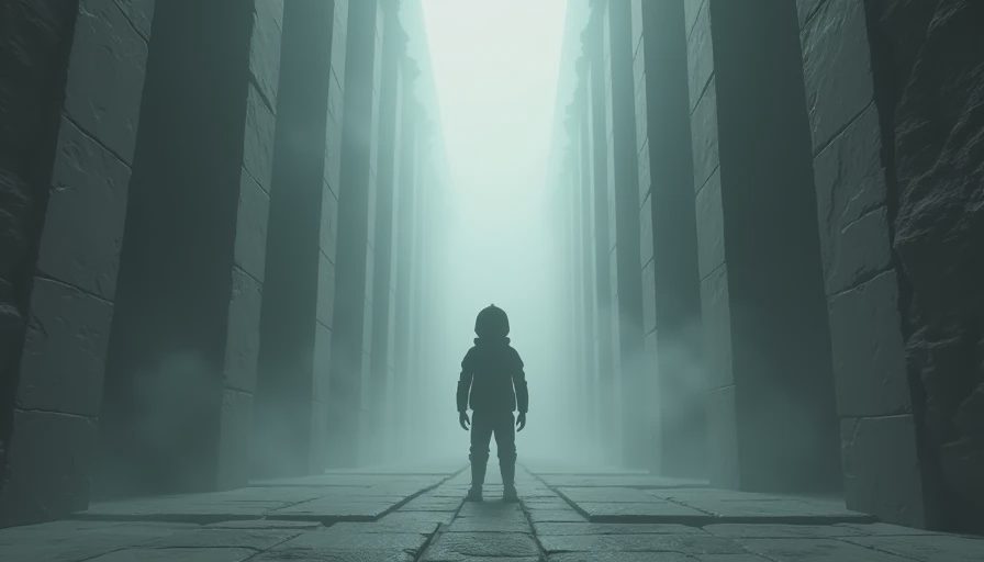3D character standing inside a vast misty stone corridor in a retro 2000s console game.webp