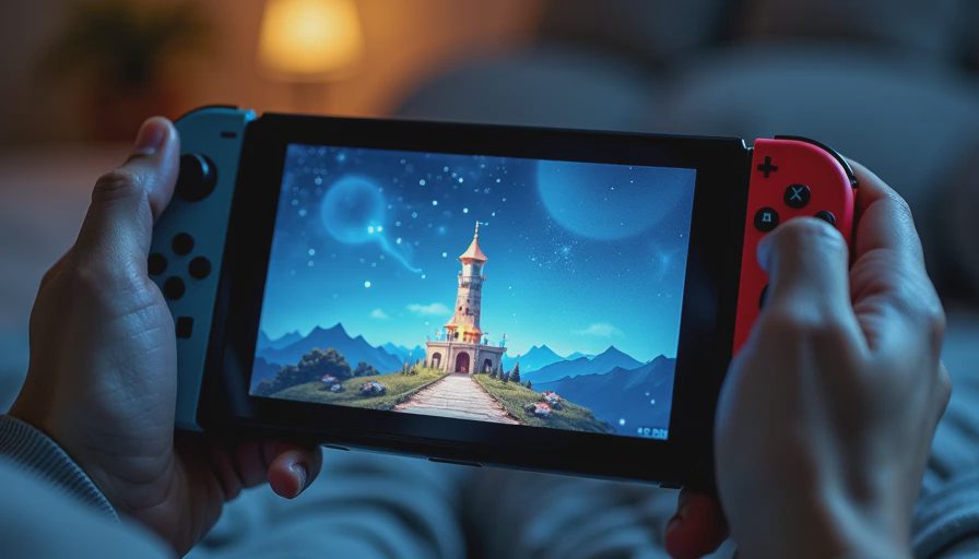 Hands holding Nintendo Switch in handheld mode playing Golden Sun with a fantasy lighthouse on screen.webp