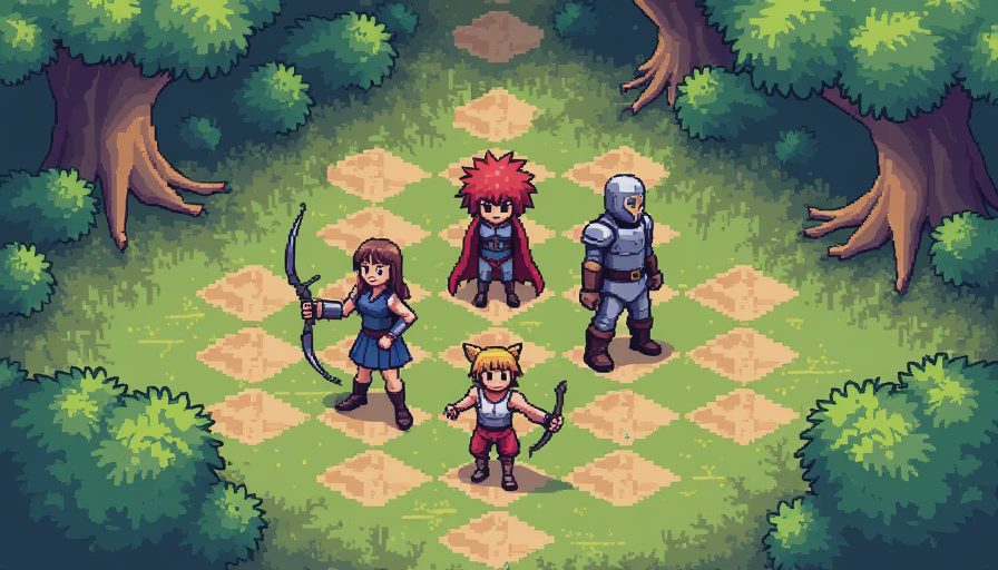 Isometric 16-bit pixel art battle map in Final Fantasy Tactics Advance featuring fantasy clan members on a grid.webp
