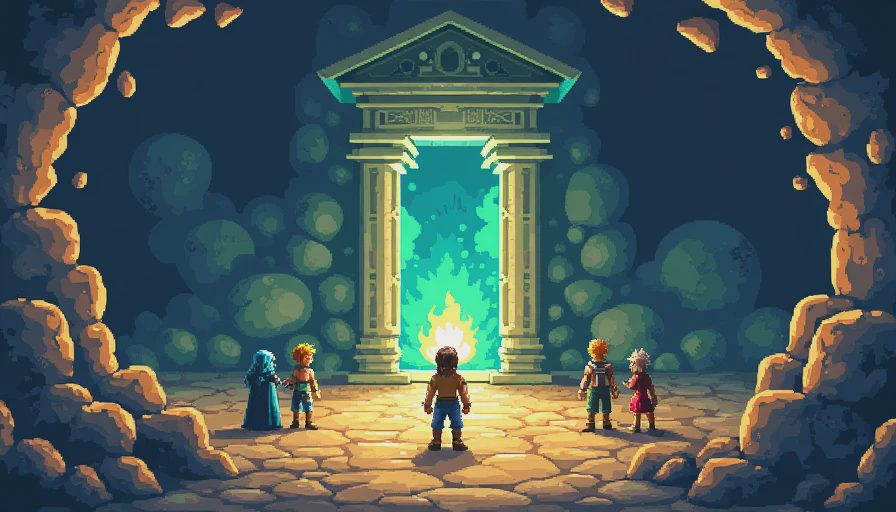 Pixel art adventurers in a stone temple dungeon with a glowing elemental Djinn spirit in Golden Sun.webp