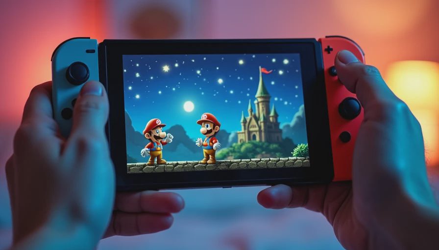 Hands holding Nintendo Switch playing Mario & Luigi Superstar Saga with fairytale castle in background.webp
