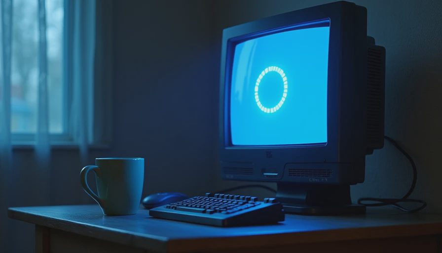 CRT monitor displaying a retro PS2 blue glowing loading screen animation next to a coffee mug.webp