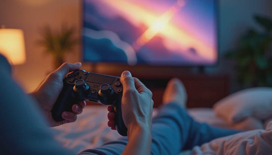 Gamer hands holding a wireless controller playing Okami in a cozy dimly lit room.webp