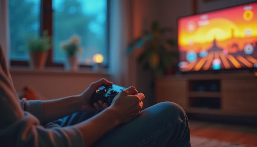 Gamer holding a wireless controller looking at a brightly lit retro game menu on a flat screen TV.webp