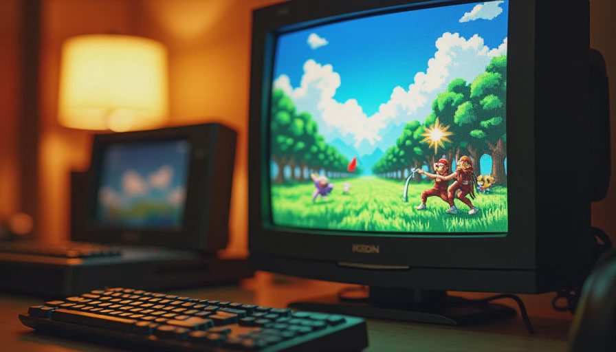 CRT television screen showing a 16-bit pixel art battle scene in Chrono Trigger.webp
