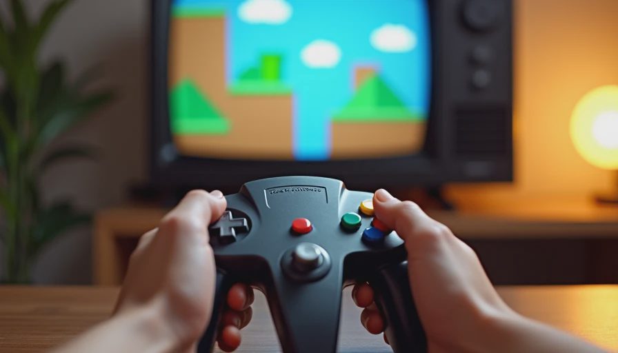 Hands holding a classic video game controller in front of a CRT TV playing a retro 3D platformer.webp