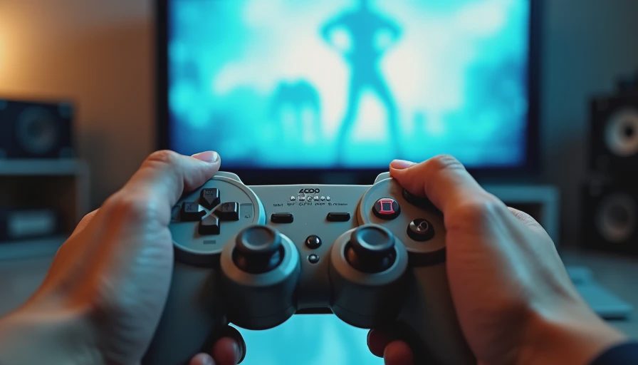 Close-up of hands holding a scuffed gray retro video game controller in front of a CRT TV.webp