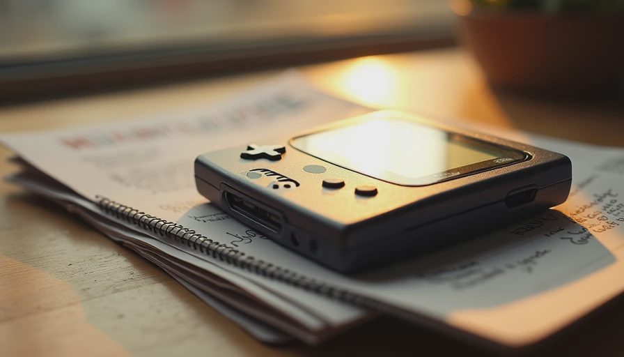Vintage GBA cartridge with worn label resting on handwritten gaming notes and retro strategy magazines.webp