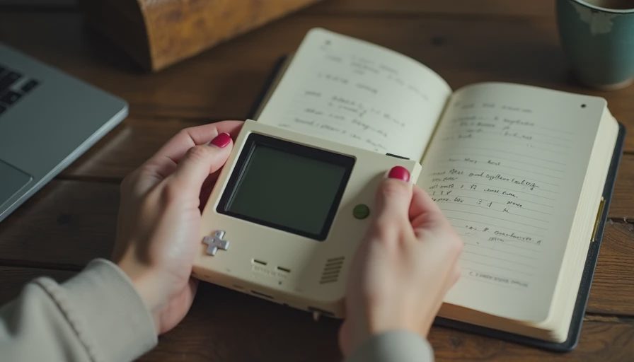 dult holding a GBA handheld console next to an open notebook during a nostalgic gaming replay.webp