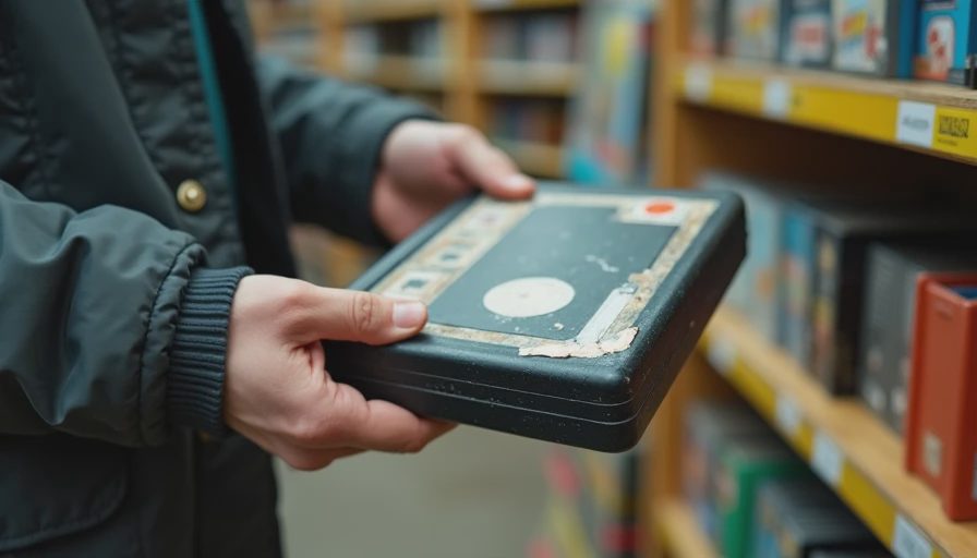 Adult hands picking up a pre-owned PS2 game case from a discount used game bin.webp