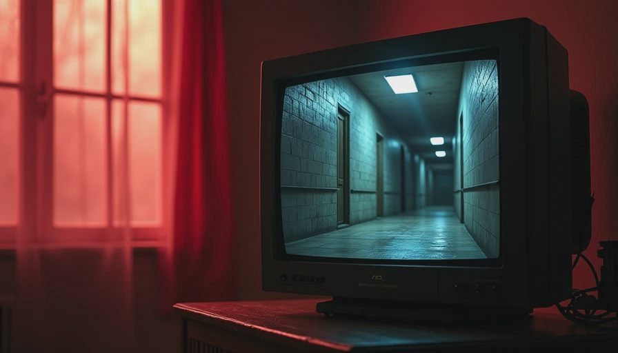 Retro CRT television screen displaying a dark fixed-camera horror corridor from a classic tank-control game.webp