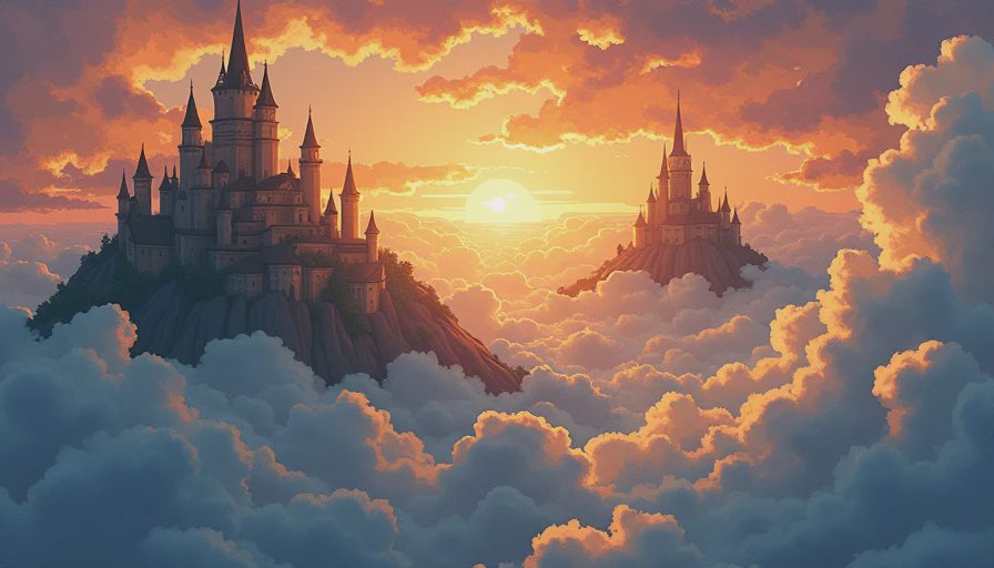 ixel art illustration of the floating kingdom in the sky from Chrono Trigger.webp