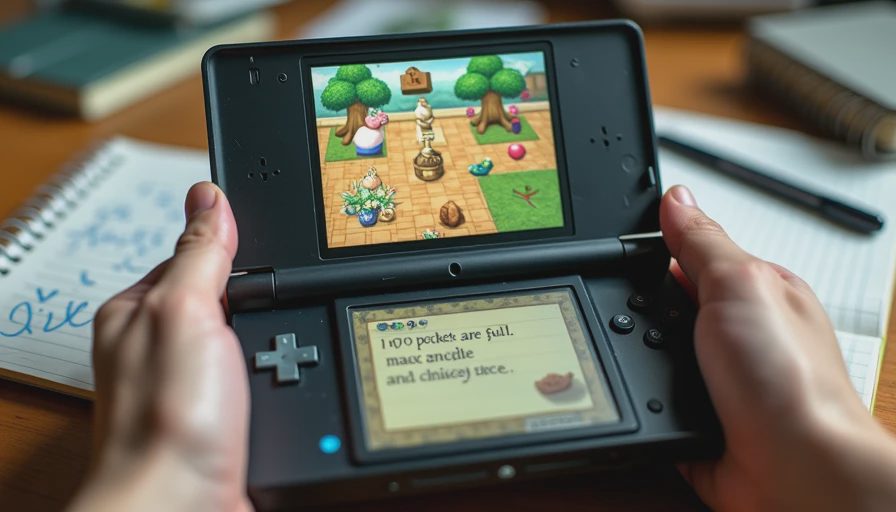 Black Nintendo DS showing a full item inventory screen in Animal Crossing: Wild World.webp