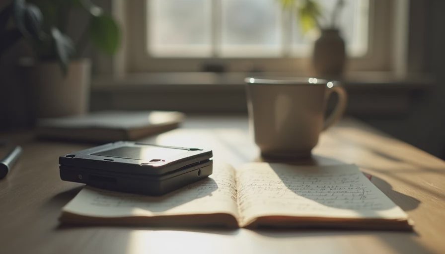 Stack of second-hand GBA game cartridges next to a notebook and coffee mug on a wooden desk.webp
