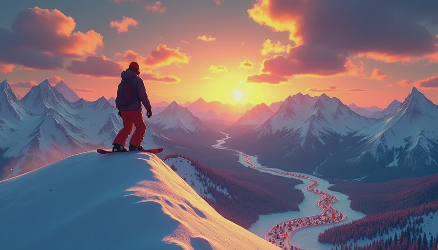 Snowboarder standing on a high mountain peak looking down over interconnected snowy runs in SSX 3.webp