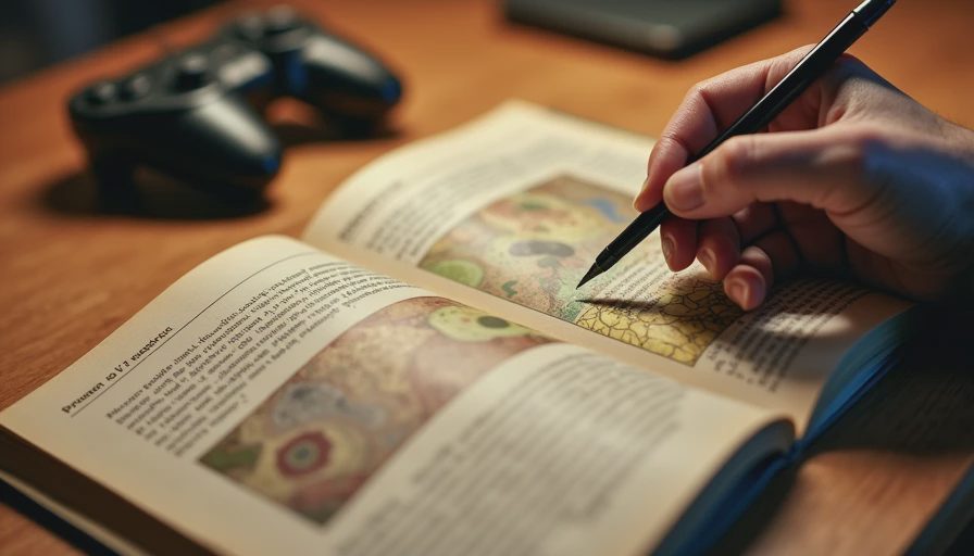 Close-up of a hand pointing to handwritten notes on a retro video game strategy guide map.webp