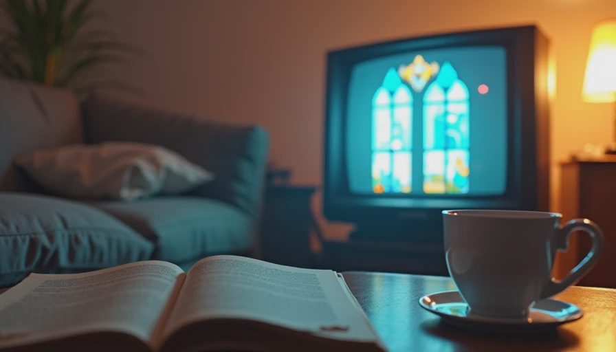 Glowing CRT TV screen displaying the Kingdom Hearts stained glass art next to a retro strategy guide.webp