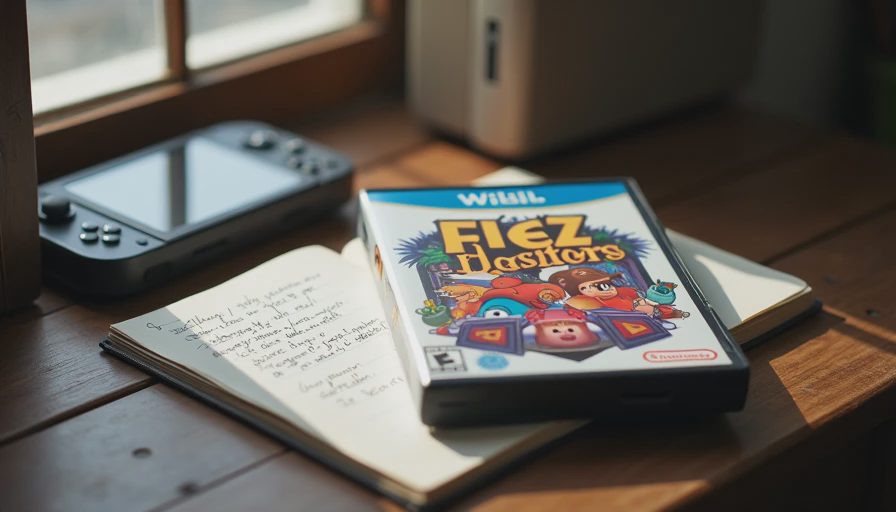 Original Viewtiful Joe GameCube game case resting next to a notebook with replay notes on a dark desk.webp